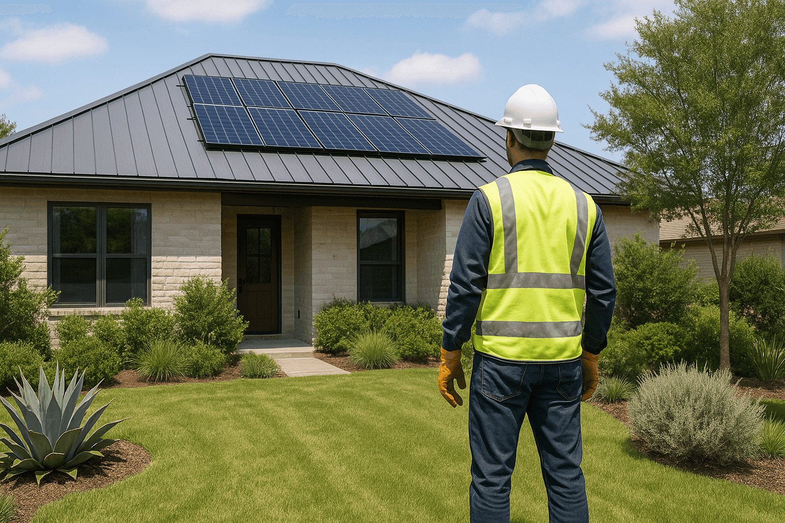Casa con techo metálico y solar eficiente en energía