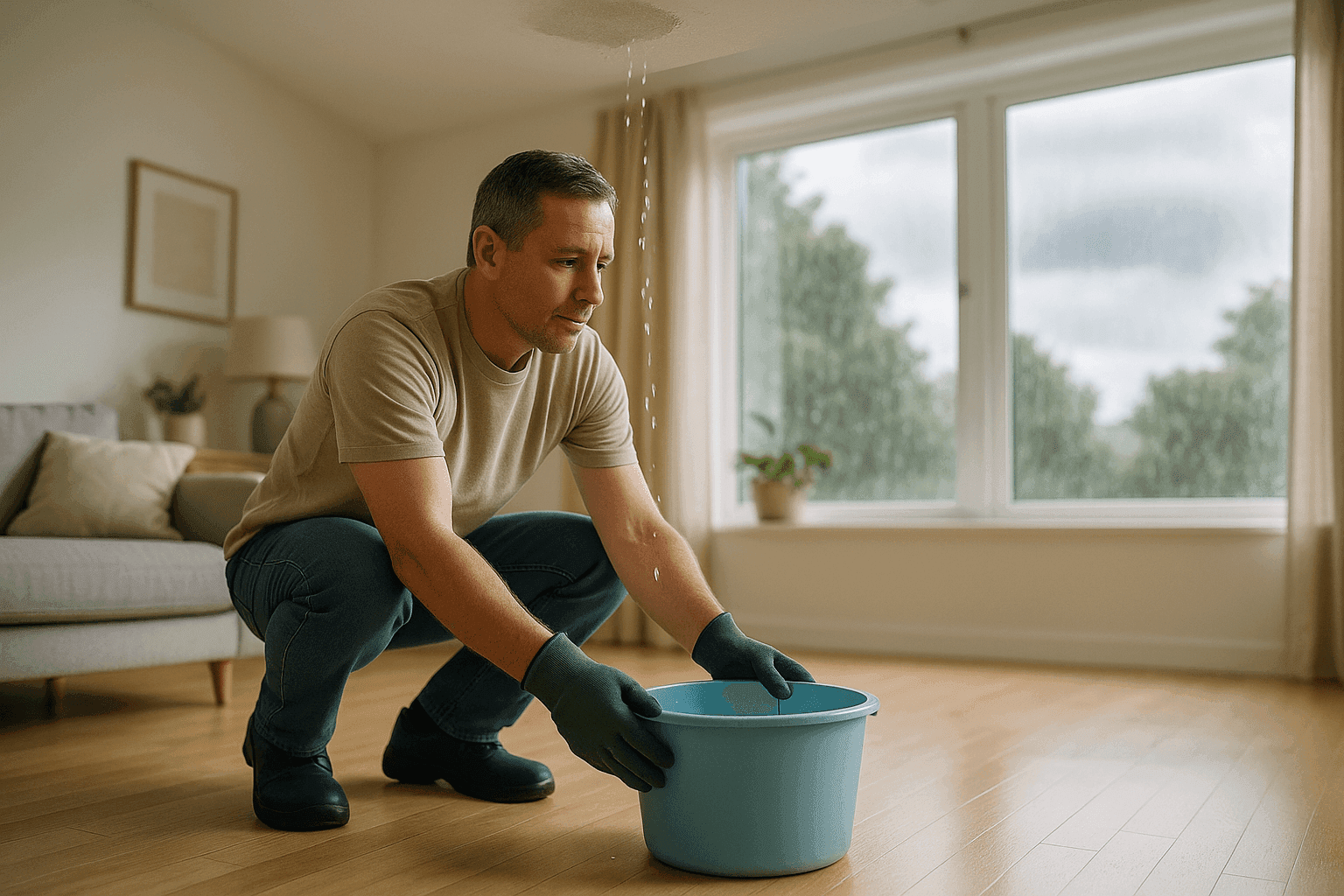Propietario colocando un balde bajo una gotera activa durante una tormenta
