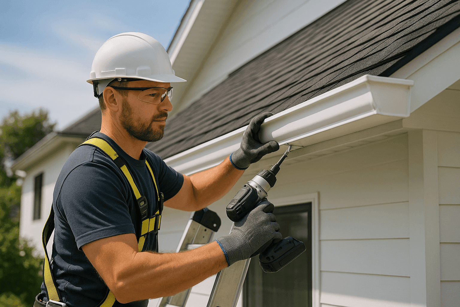 Técnico instalando nuevas canaletas sin costura en una casa
