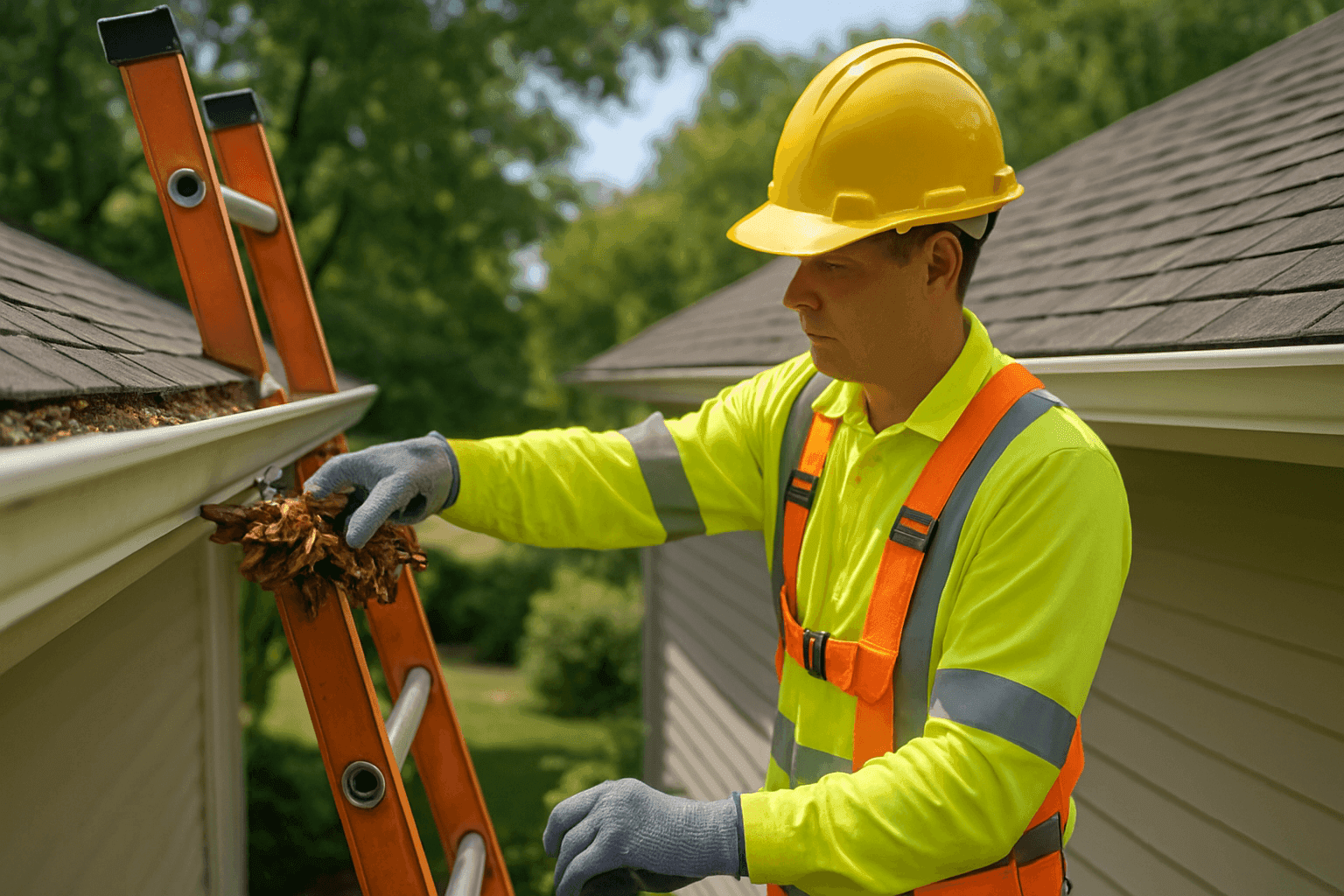 Técnico limpiando canaletas de forma segura en una escalera usando guantes