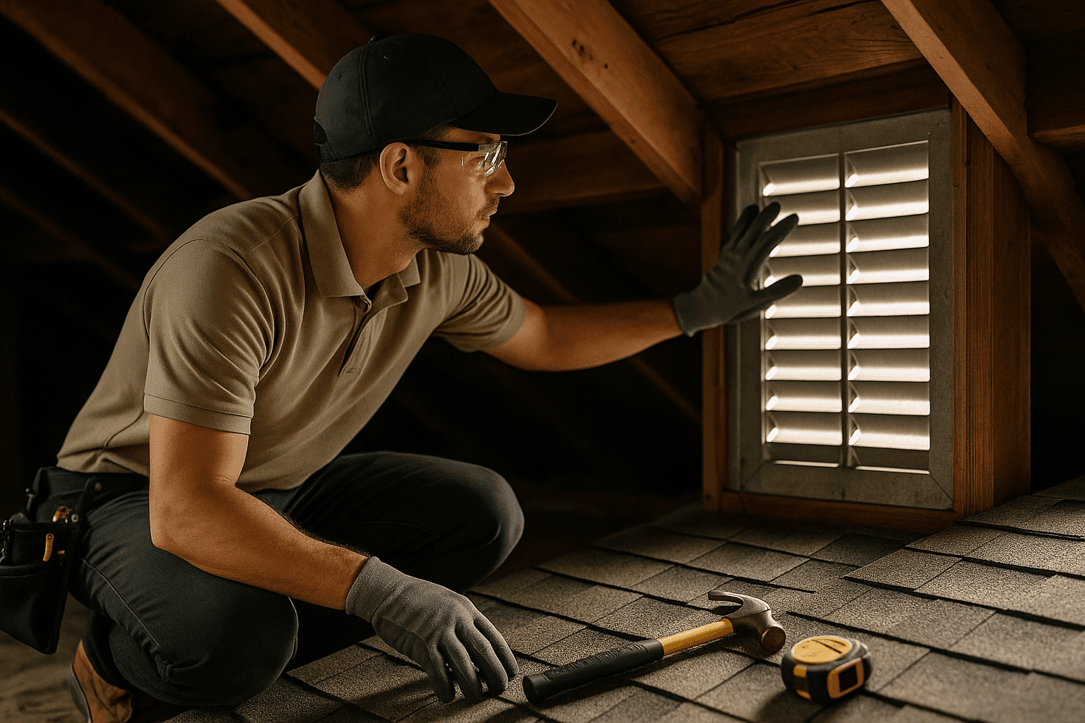 Roofing expert examining attic ventilation system to identify problems