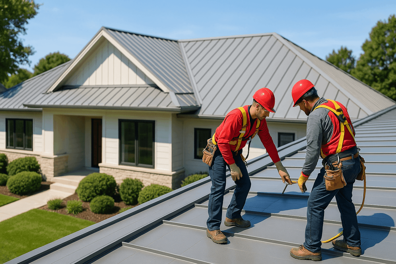 Casa moderna con nuevo techo metálico de junta alzada bajo cielo azul