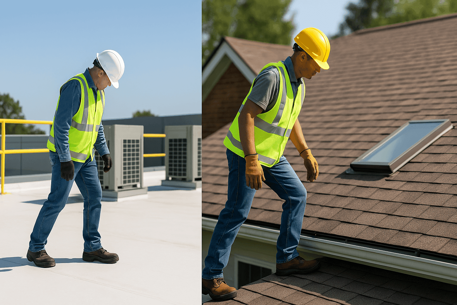 Comparación lado a lado de un techo comercial plano y un techo residencial de tejas