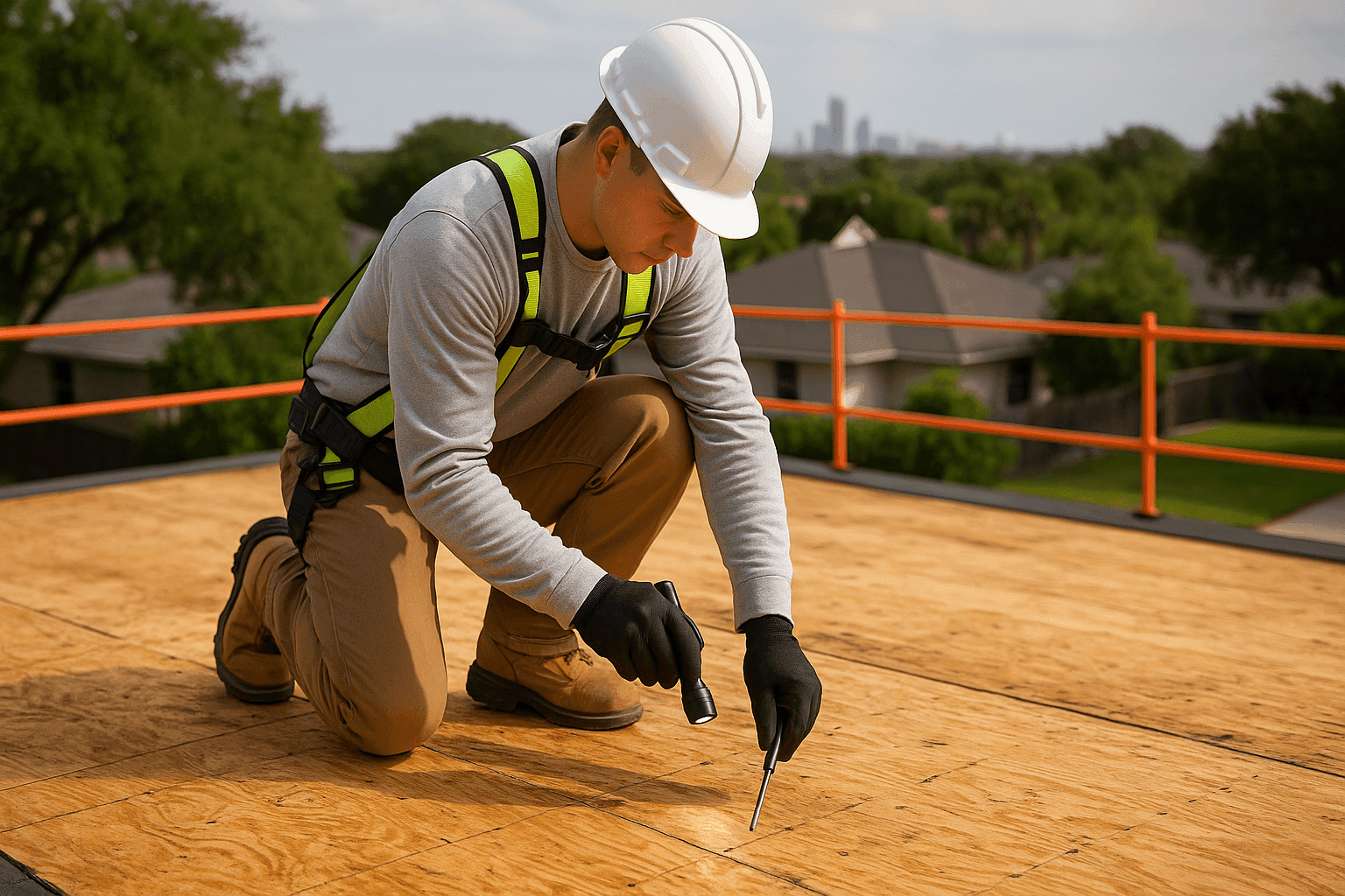 Técnico examinando el entablado de madera contrachapada durante el reemplazo de un techo