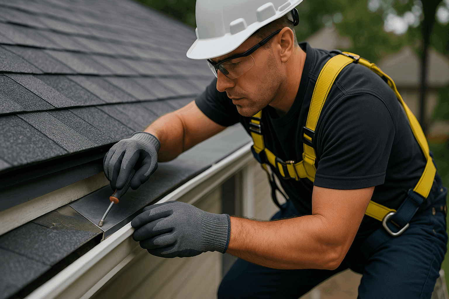 Técnico reparando tapajuntas metálicos en un techo residencial
