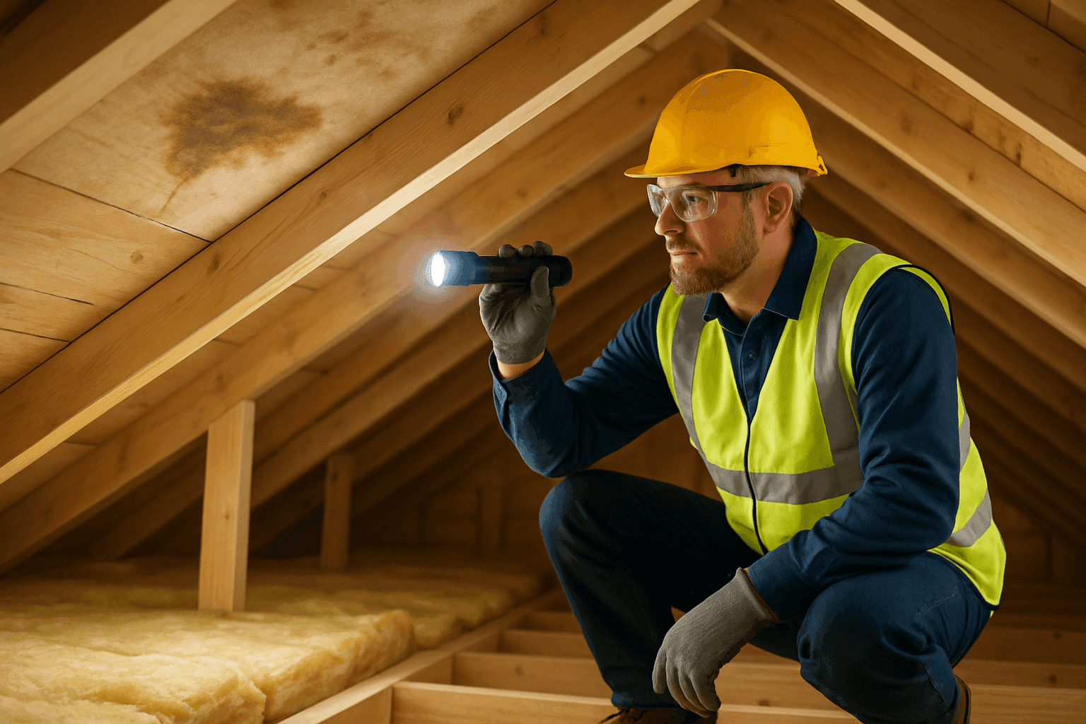 Roofing technician inspecting attic ceiling for emergency leak with flashlight and safety gear