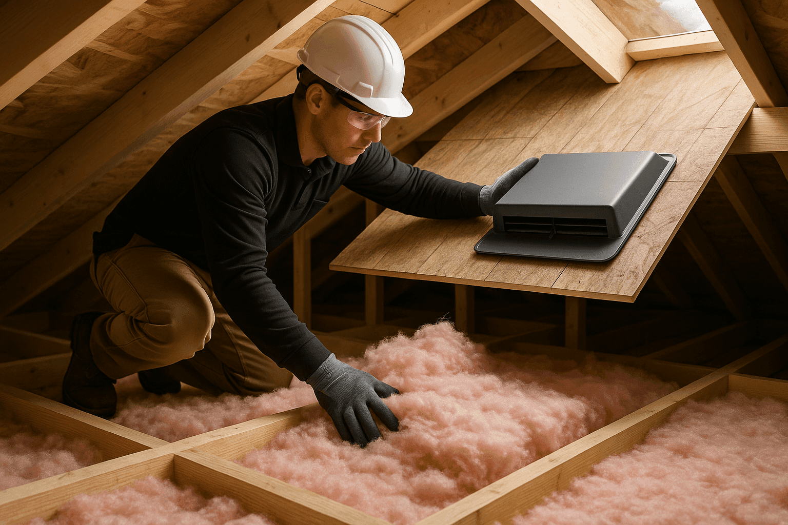 Técnico instalando aislamiento en el ático y ventilaciones en el tejado