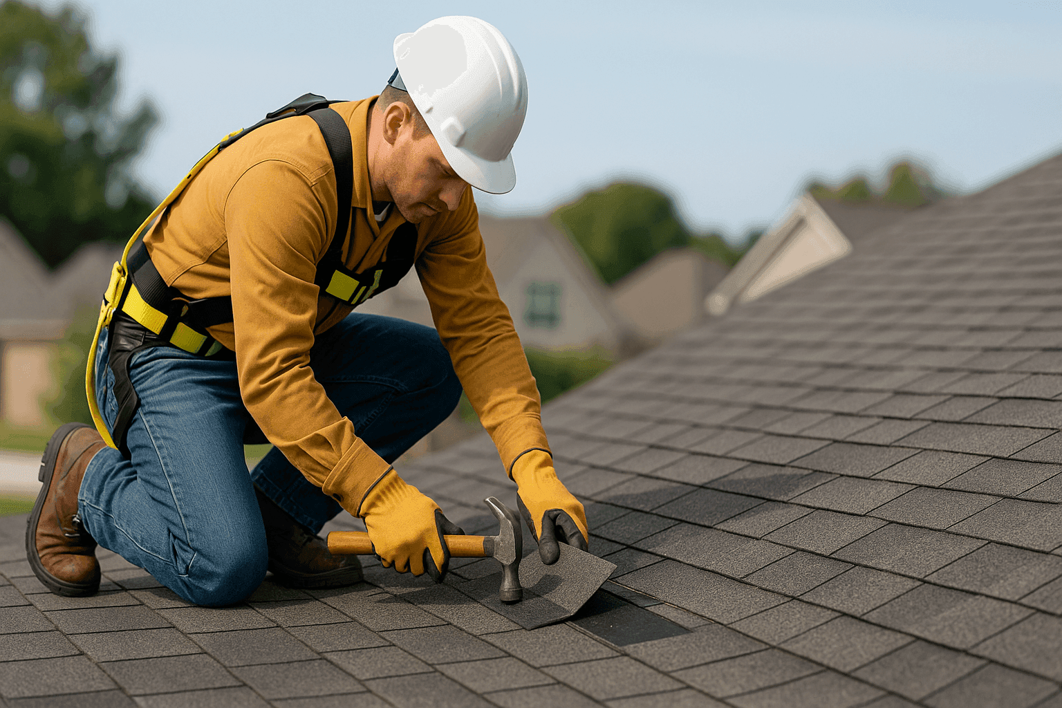 Técnico reemplazando tejas dañadas en un techo residencial