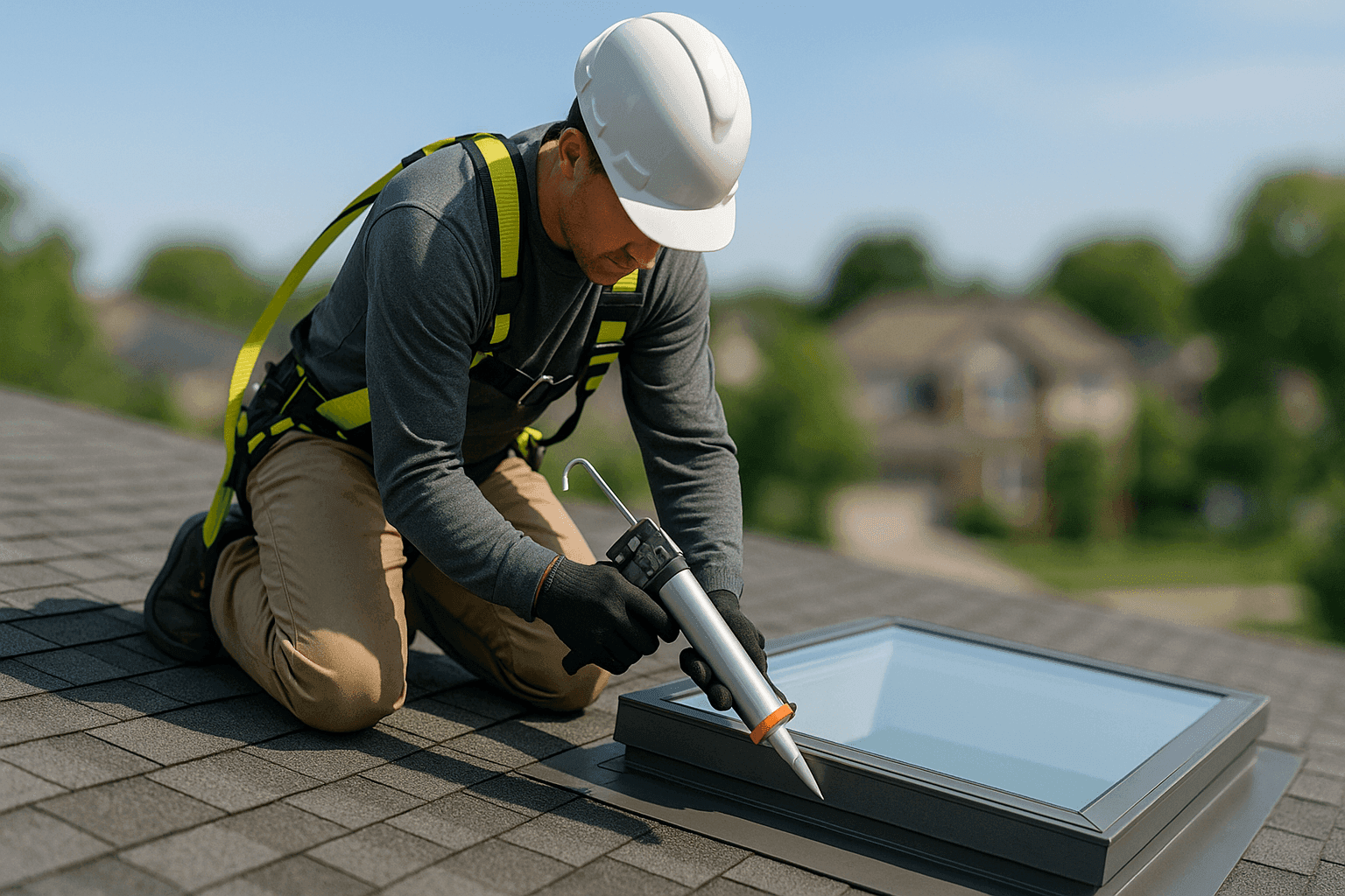 Técnico sellando un tragaluz en un techo residencial