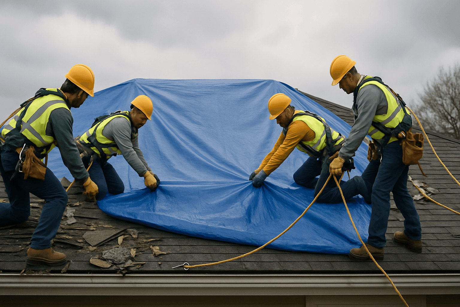 Equipo de techadores cubriendo con lona un techo dañado por tormenta después de un clima severo