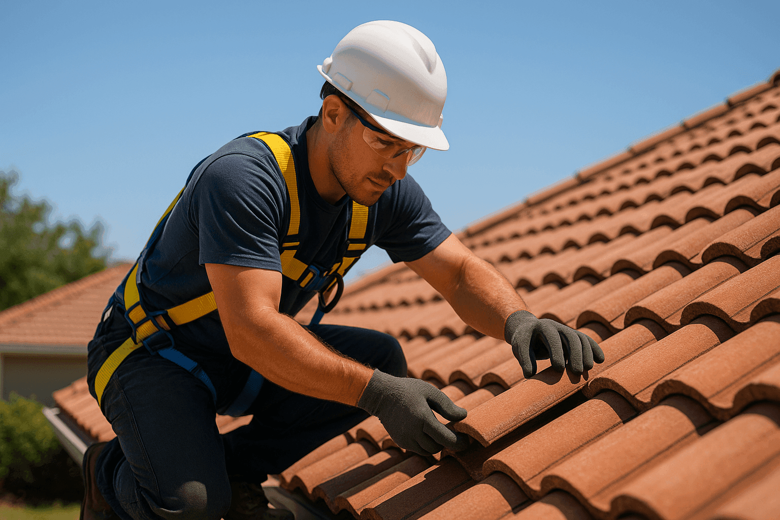 Técnico inspeccionando un techo de teja de barro por daños