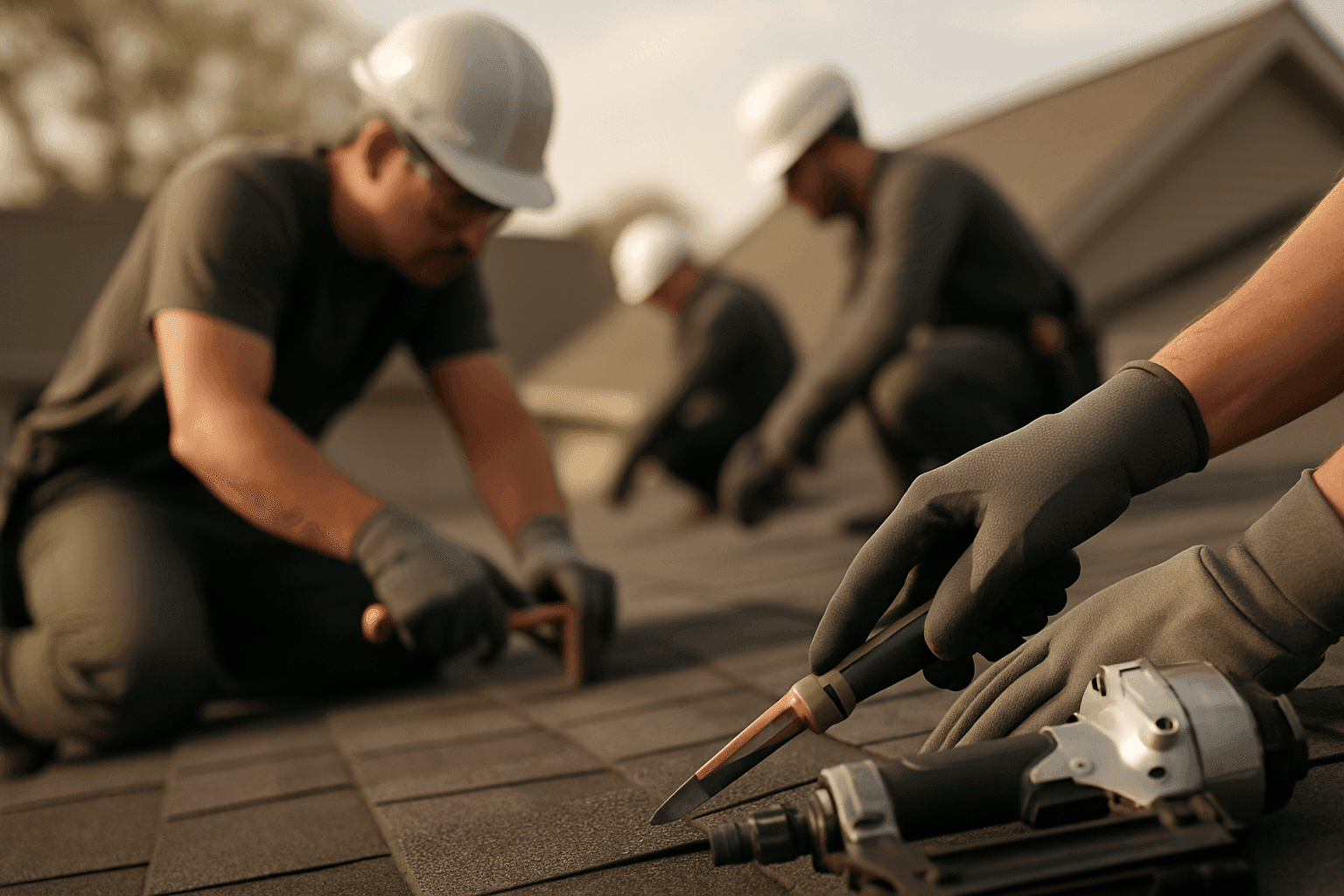 Close-up of gloved hands handling roofing tools at a safe residential or commercial roof site